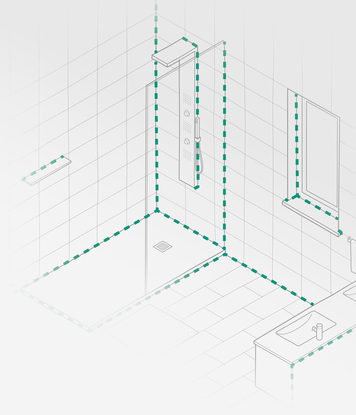 Badezimmer Skizze mit grün strichlierten Fugen