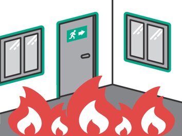 Illustration von Brandschutzdichtungen für Fenster und Türen, Flammen im Vordergrund