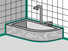 Illustration grüne Bewegungsfugen bei einer Eckbadewanne 