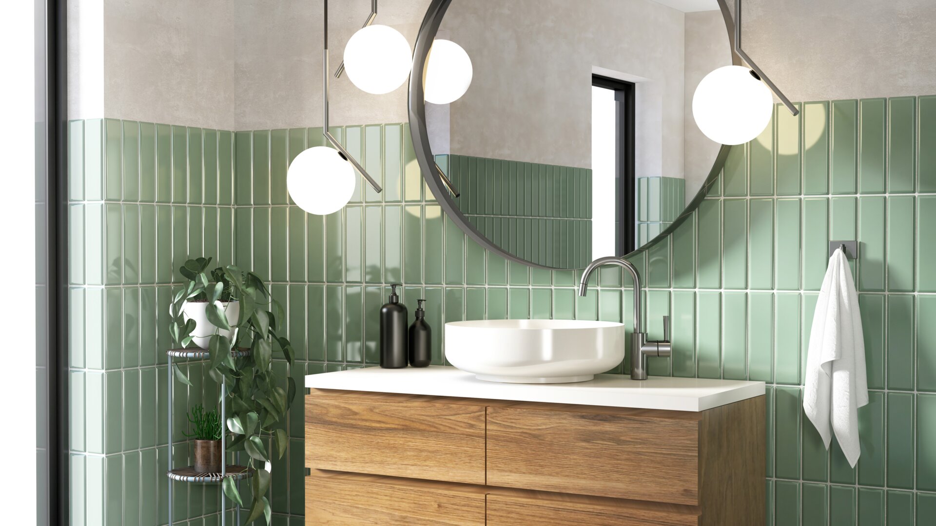 Bagno moderno con piastrelle verdi, grande specchio rotondo e mobile con frontale in legno.