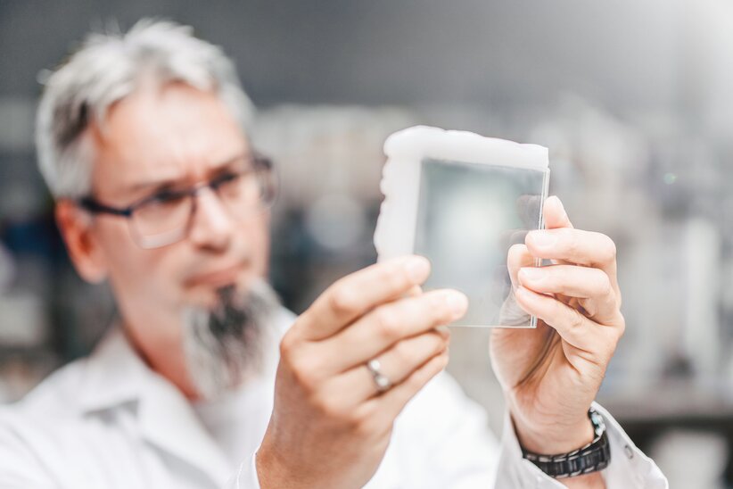 Ramsauer-medewerker in het laboratorium die glas controleert. 